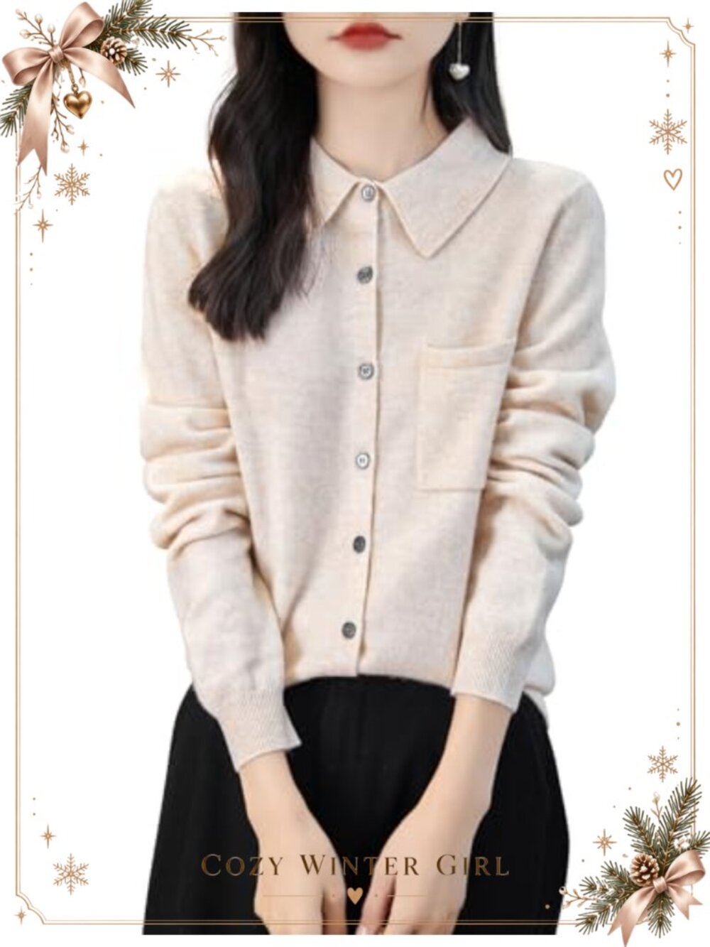 100% Merino Wool Polo Neck Cardigan Sweater Long Sleeve Knit Pocket